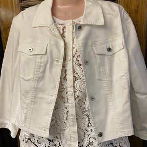 Chico's white denim jacket with lace insert, size 2